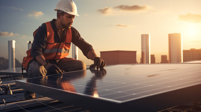 Engineer or electrician working on replacement solar panel at solar power plant,Concept solar power plant to innovation of green energy for life