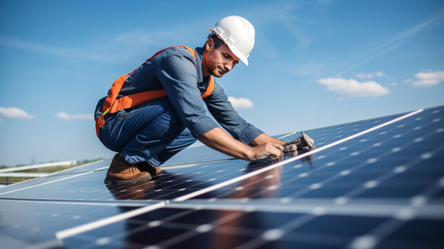 Engineer or electrician working on replacement solar panel at solar power plant,Concept solar power plant to innovation of green energy for life