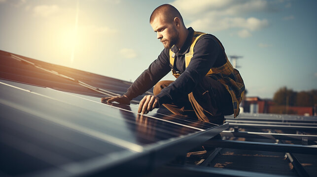 Engineer or electrician working on replacement solar panel at solar power plant,Concept solar power plant to innovation of green energy for life