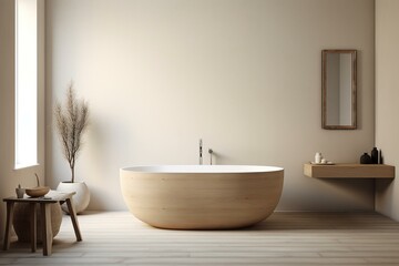 Fototapeta na wymiar Minimalist bathroom with white and bleached tones, featuring a freestanding bathtub and wooden washbasin. Generative AI