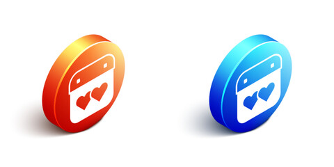 Obraz premium Isometric Calendar with heart icon isolated on white background. Valentines day. Love symbol. February 14. Orange and blue circle button. Vector