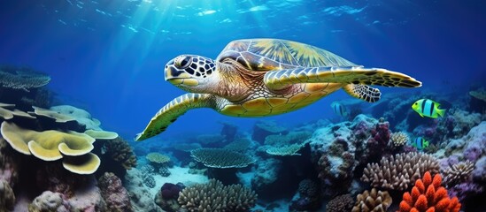 Maui s reef hosts green sea turtles With copyspace for text