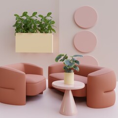 Neutral interior of modern space with sofa, armchair, table and plants in vase, 3d render