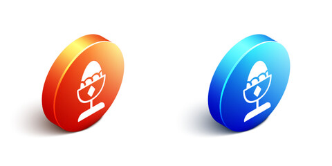 Obraz premium Isometric Chicken egg on a stand icon isolated on white background. Orange and blue circle button. Vector