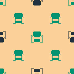 Green and black Armchair icon isolated seamless pattern on beige background. Vector