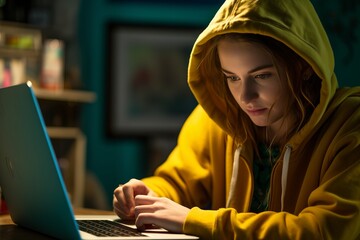 young woman with yellow hoodie hood up, sitting at a desk in front of a laptop