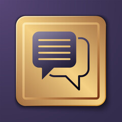 Purple Speech bubble chat icon isolated on purple background. Message icon. Communication or comment chat symbol. Gold square button. Vector