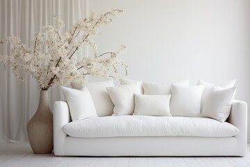 Elegant interior design. Modern white sofa in bright room. Contemporary home with stylish. Relax in style. Cozy living rooms