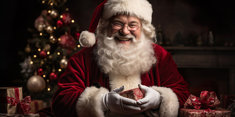 Fototapeta na wymiar Generative AI image of smiling Santa Claus with long white beard looking at camera against Christmas tree and presents background.