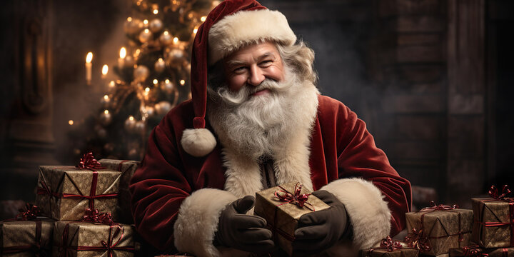 Generative AI image of smiling Santa Claus with long white beard looking at camera against Christmas tree and presents background.