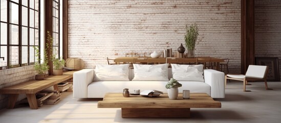 Loft living room with wooden table and white divan With copyspace for text