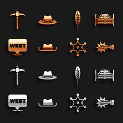 Set Western cowboy hat, Saloon door, Spur, Hexagram sheriff, Pointer to wild west, Indian feather, Pickaxe and icon. Vector