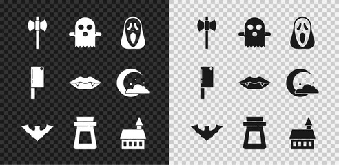 Set Wooden axe, Ghost, Funny and scary ghost mask, Flying bat, Bottle with potion, Castle, Meat chopper and Vampire teeth icon. Vector