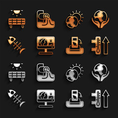 Set Weather forecast, Hand holding Earth globe, Global warming, Petrol gas station, Dead fish, Solar energy panel and Wastewater icon. Vector