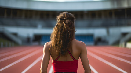 Une femme en train de faire du sport. En arrière plan, une piste de course avec un stade.