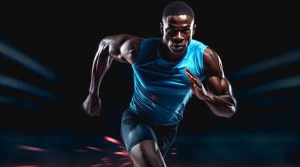 Fototapeta na wymiar Un homme athlète en train de faire un sprint de course. On voit ses muscles en action. 