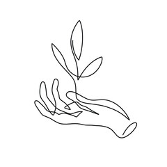 Vector continuous one line hand with leaves illustration
