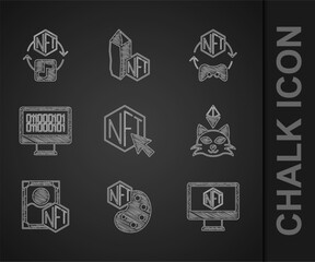 Set NFT Digital crypto art, Monitor with store app, Binary code, and icon. Vector