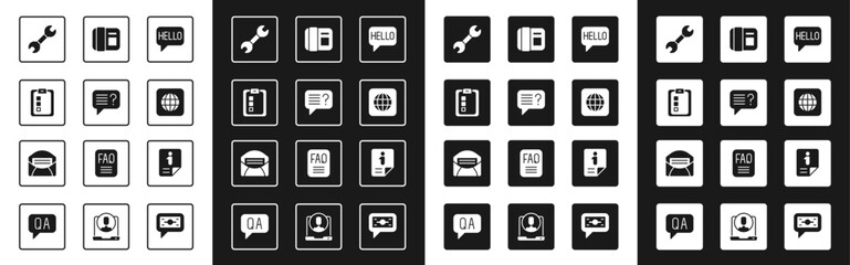 Set Hello in different languages, Unknown search, Online quiz, test, survey, Wrench spanner, Worldwide, Telephone handset, Information and Mail e-mail icon. Vector