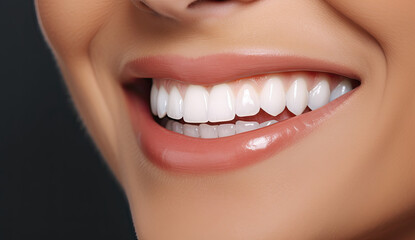 Banner with close-up of a beautiful smiling woman with white perfect teeth isolated on dark black