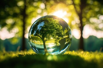 Transparent sphere in a green environment. Environmental protection and green nature concept.