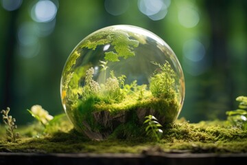 Transparent sphere in a green environment. Environmental protection and green nature concept.