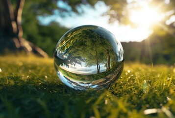 the glass ball on the green grass reflected nature landscape. generative ai