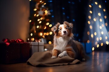 Australian Shepherd dog with christmas presents