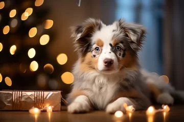 Fotobehang Australian shepherd puppy dog between christmas presents © absolutimages