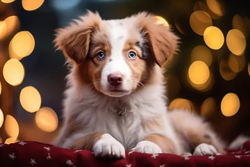 Fototapeten Australian shepherd puppy dog between christmas presents © absolutimages