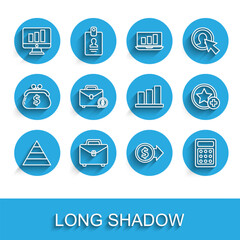 Set line Pyramid chart infographics, Briefcase, Monitor with, Coin money dollar, Calculator, and, Star and Pie icon. Vector