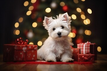 West Highland White Terrier dog between christmas presents - obrazy, fototapety, plakaty