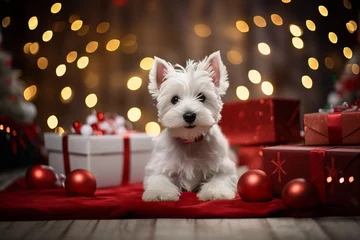 Gordijnen West Highland White Terrier dog between christmas presents © absolutimages