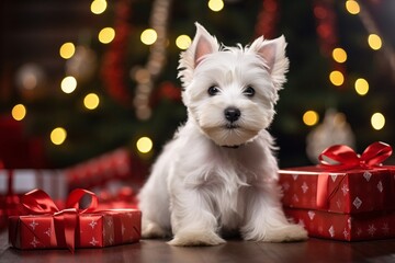 West Highland White Terrier dog between christmas presents - obrazy, fototapety, plakaty