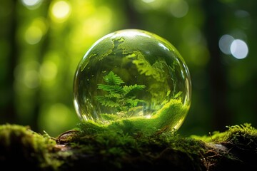 Transparent sphere in a green environment. Environmental protection and green nature concept.