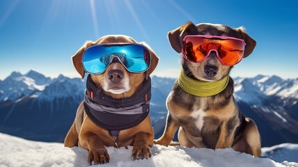 Two funny dogs with sunglasses on snow covered mountain tops