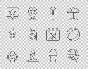 Set line Compass, Globe with flying plane, Ice cream, Surfboard, Map pointer star, Sunscreen spray bottle, waffle cone and Beach ball icon. Vector