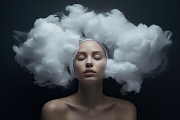 Depression and mental health concept. A woman with closed eyes has her head covered in clouds.