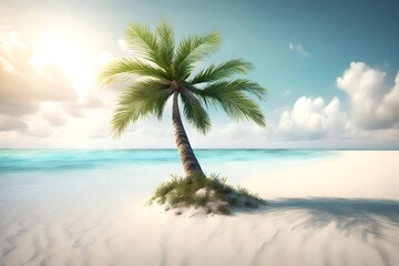 Render an image of a solitary palm tree standing tall on a secluded, white-sand beach