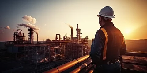 Foto op Plexiglas Skilled industrial engineer supervising refinery at sunset. Safety first with hard hat in factory. Mastering petrochemical engineering. Professional at work. Constructing future. Overseeing operations © Thares2020
