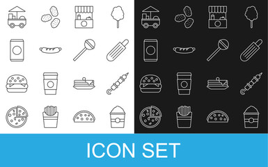 Set line Popcorn in box, Grilled shish kebab, French hot dog, Street stall with awning, Hotdog sandwich, Soda can straw, Fast street food cart and Lollipop icon. Vector