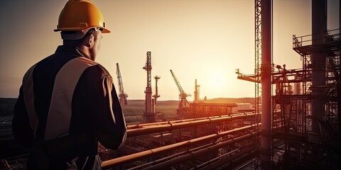 Skilled industrial engineer supervising refinery at sunset. Safety first with hard hat in factory. Mastering petrochemical engineering. Professional at work. Constructing future. Overseeing operations