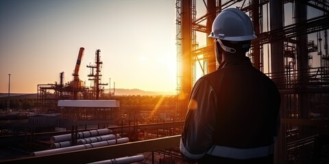 Skilled industrial engineer supervising refinery at sunset. Safety first with hard hat in factory. Mastering petrochemical engineering. Professional at work. Constructing future. Overseeing operations - obrazy, fototapety, plakaty