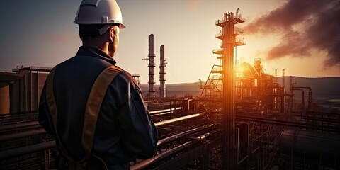 Skilled industrial engineer supervising refinery at sunset. Safety first with hard hat in factory. Mastering petrochemical engineering. Professional at work. Constructing future. Overseeing operations - obrazy, fototapety, plakaty