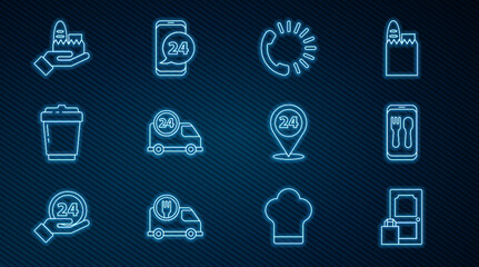 Set line Online ordering and delivery, Food, Fast by car, Coffee cup to go, Round the clock and icon. Vector