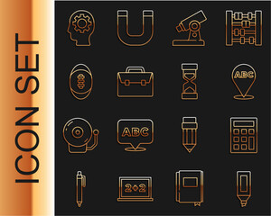 Set line Marker pen, Calculator, Alphabet, Microscope, Briefcase, American Football ball, Head with gear inside and Old hourglass sand icon. Vector
