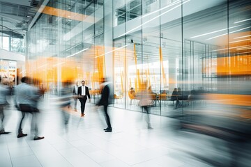 Businesspeople walking at modern office with motion blur effect.