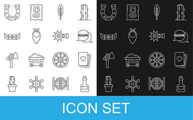Set line Tabasco sauce, Deck of playing cards, Bang boom, gun Comic, Indian feather, Cowboy bandana, Kayak or canoe paddle, Horseshoe and Spur icon. Vector