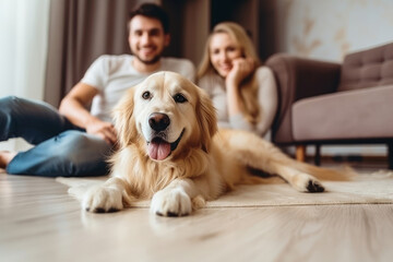 Couple and their dog in living room, relation between people and pet, generative Ai.