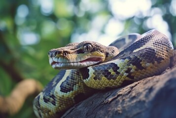 Fototapeta premium closeup of python on tree with blurred background. generative ai